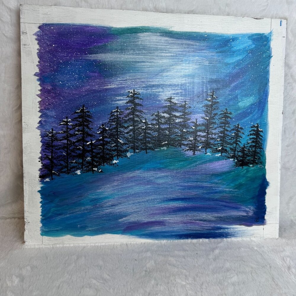 Landscape Painting On Wood With Snowy Trees & Starry Night Sky ByPencil to Paint